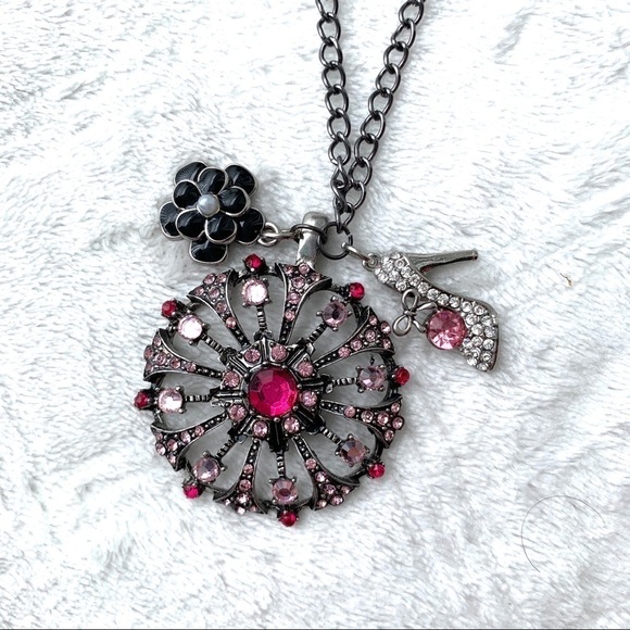 Handmade Long Pink Rhinestone Statement Shoe Lover Charm Necklace - Picture 3 of 6